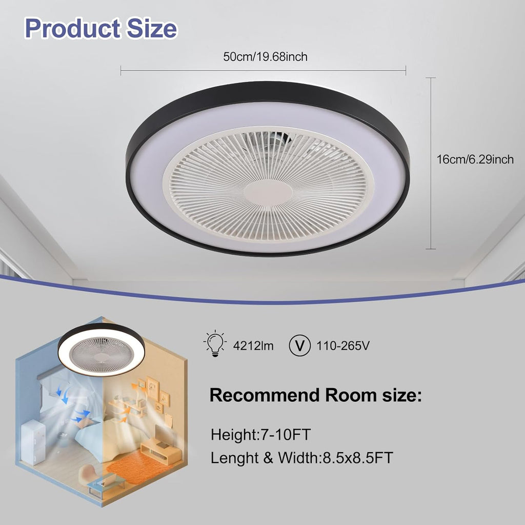 RGB Ceiling Fan with Lights, Bladeless Fans, 48cm/18.89inch Enclosed Lights Fixtures Low Profile Flush Mount Fans Reversible 6 Wind Speeds Dimmable Remote Control Bedroom Timing, (Black)