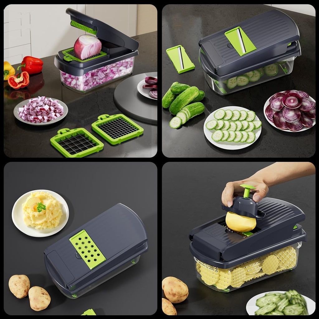 Vegetable Chopper with Container, 13-in-1 Mandoline Slicer Dicer & Spiralizer, Onion Veggie Chopper, Potato Fry Cutter, Manual Food Chopper, Kitchen Tools Gadgets