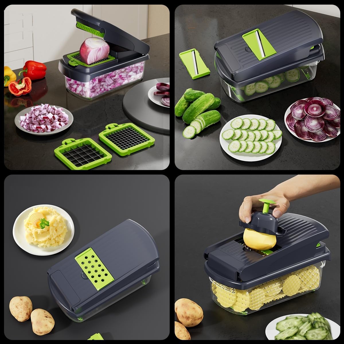 Vegetable Chopper with Container, 13-in-1 Mandoline Slicer Dicer & Spiralizer, Onion Veggie Chopper, Potato Fry Cutter, Manual Food Chopper, Kitchen Tools Gadgets
