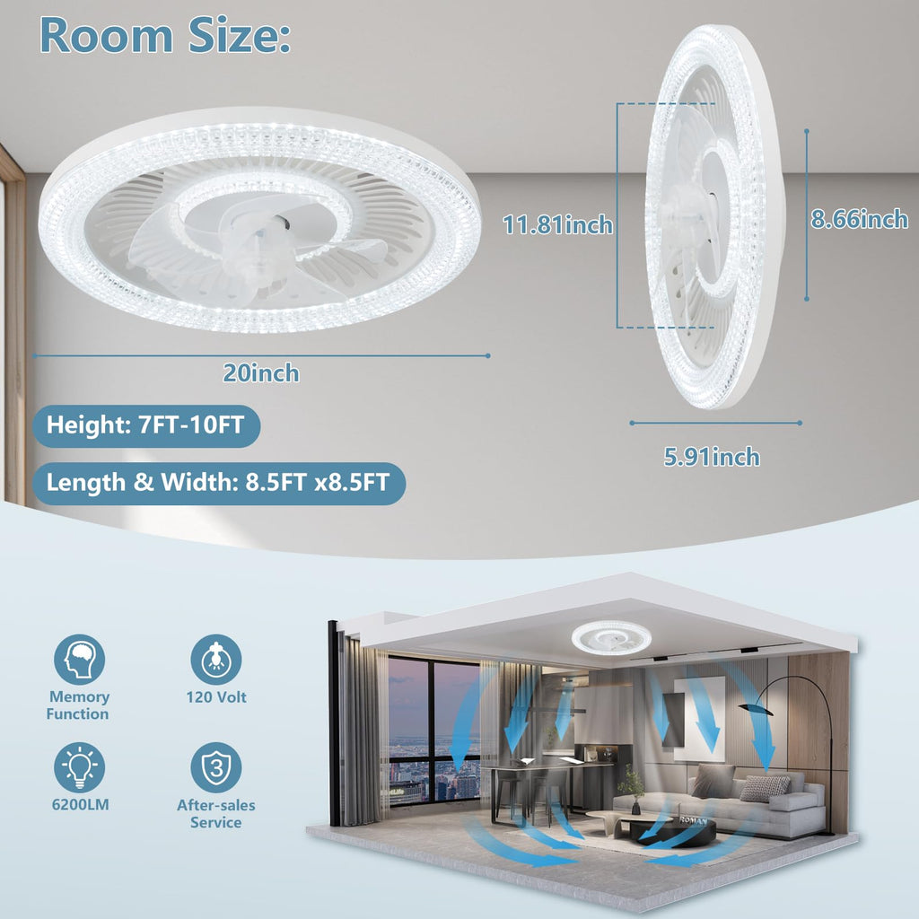 Ceiling Fan with Lights and Remote,20'' Low Profile Ceiling Fans with Lights, Fandelier Ceiling Fan Light,DC Quiet Motor,3000K-6500K Dimmable,Modern Flush Mount Ceiling Fan for Bedroom,White