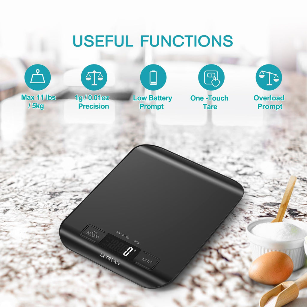 Ultrean Food Scale, Digital Kitchen Scale Weight Grams and Ounces for Baking and Cooking, 6 Units with Tare Function, 11lb (Batteries Included) (Black)