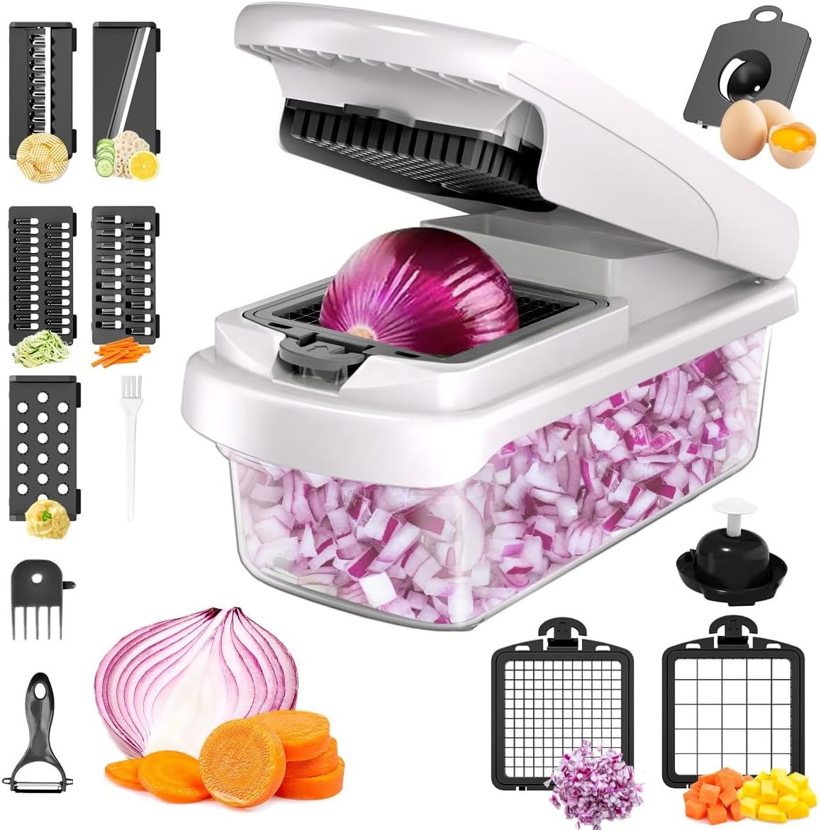 Vegetable Chopper with Container, 13-in-1 Mandoline Slicer Dicer & Spiralizer, Onion Veggie Chopper, Potato Fry Cutter, Manual Food Chopper, Kitchen Tools Gadgets