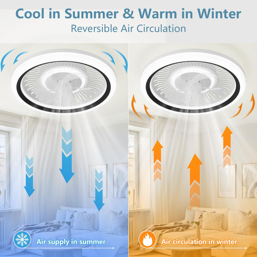 Ceiling Fan with Lights and Remote,20'' Low Profile Ceiling Fans with Lights, Fandelier Ceiling Fan Light,DC Quiet Motor,3000K-6500K Dimmable,Modern Flush Mount Ceiling Fan for Bedroom,White