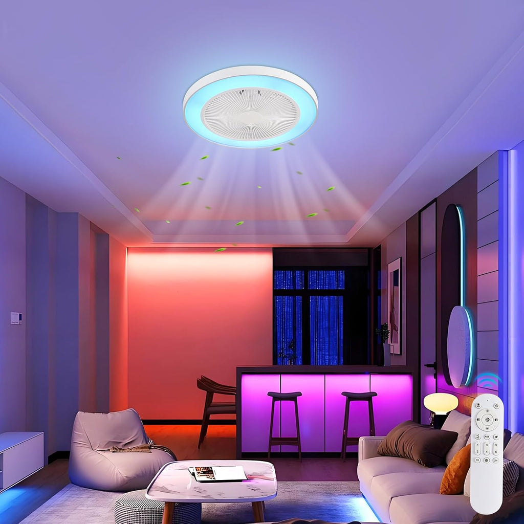 RGB Ceiling Fan with Lights, Bladeless Fans, 48cm/18.89inch Enclosed Lights Fixtures Low Profile Flush Mount Fans Reversible 6 Wind Speeds Dimmable Remote Control Bedroom Timing, (Black)