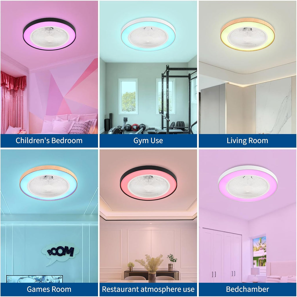 RGB Ceiling Fan with Lights, Bladeless Fans, 48cm/18.89inch Enclosed Lights Fixtures Low Profile Flush Mount Fans Reversible 6 Wind Speeds Dimmable Remote Control Bedroom Timing, (Black)