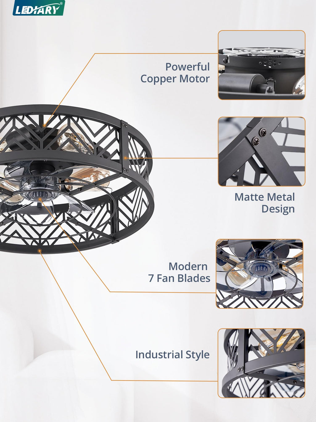 LEDIARY 20" Caged Ceiling Fan with Light, Small Flush Mount Ceiling Fan with App&Remote, Low Profile Bladeless Ceiling Fan for Bedroom, Kitchen, Dining Room-Black
