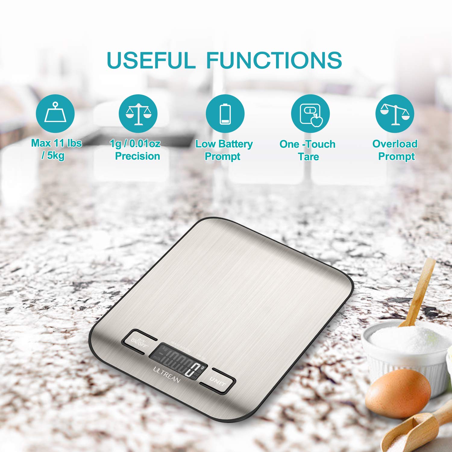 Ultrean Food Scale, Digital Kitchen Scale Weight Grams and Ounces for Baking and Cooking, 6 Units with Tare Function, 11lb (Batteries Included) (Black)