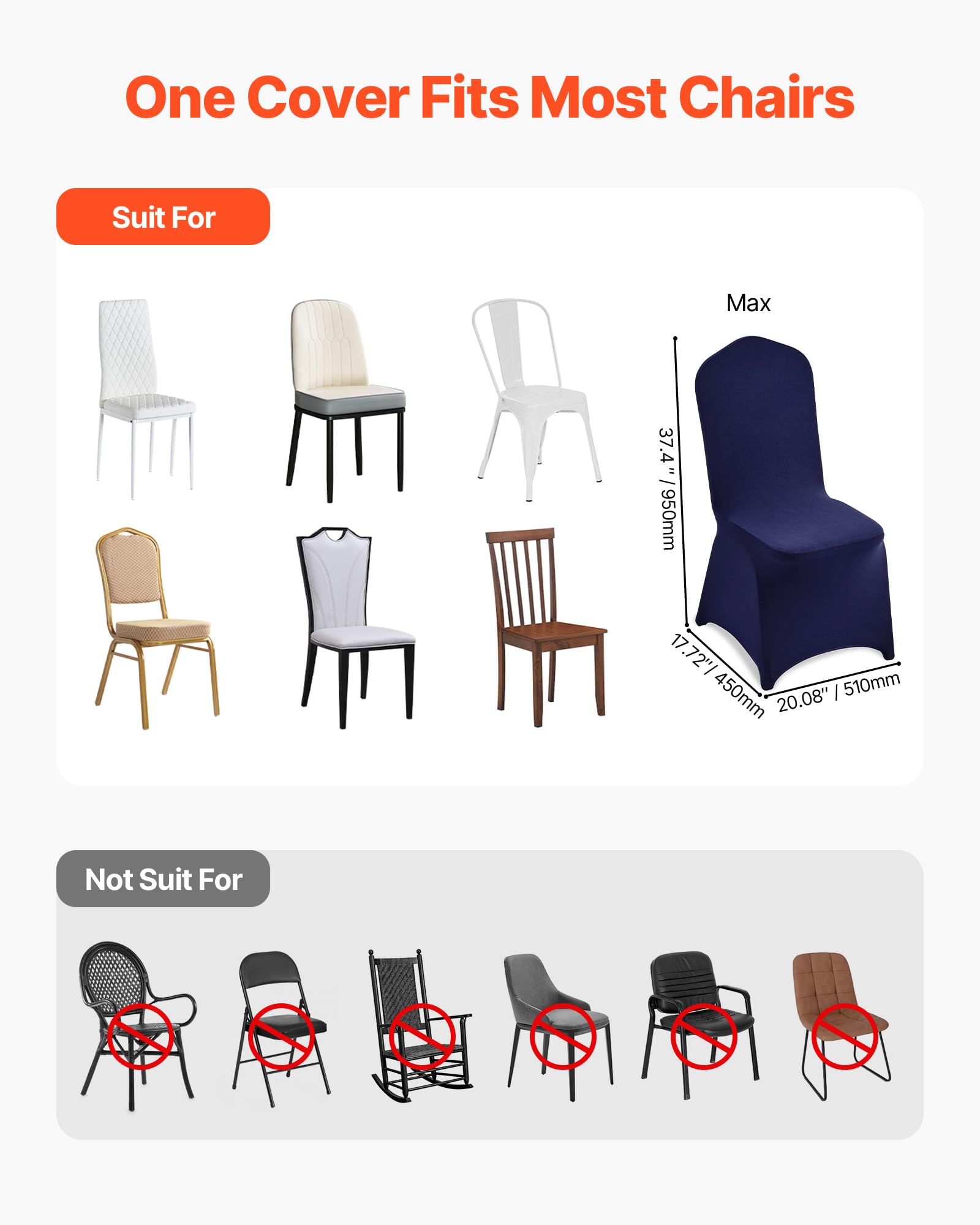 VEVOR 50 Pcs Navy Blue Chair Covers, Polyester Spandex Chair Cover, Stretch Slipcovers for Wedding Party Dining Banquet Flat-Front Chair Covers, Fits Chair Measures up to 20.08 x 17.72 x 37.4 inch