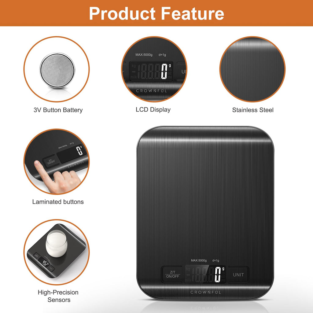 CROWNFUL Food Scale, 11lb Digital Kitchen Scales Weight Ounces and Grams for Cooking and Baking, 6 Units with Tare Function (Battery Included)