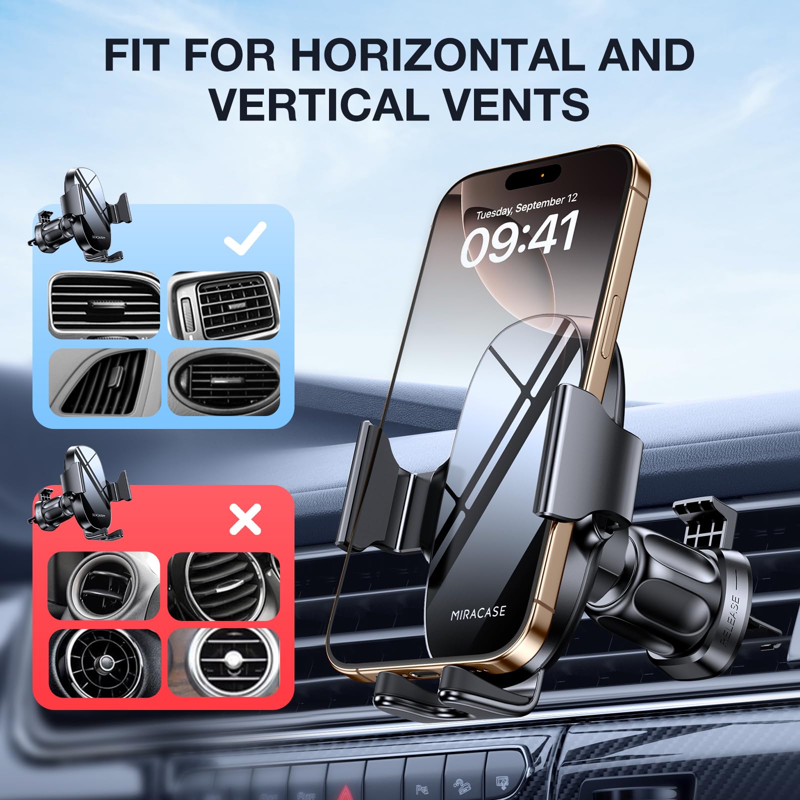Miracase Phone Holder for Car Vent【2026 Wider Clamp & Metal Hook】 Car Phone Holder Mount for Vent Clip Hand Free Cell Phone Car Mount for iPhone 17 Pro Max 16 15 14 13 12 Samsung S25 Car Accesorries