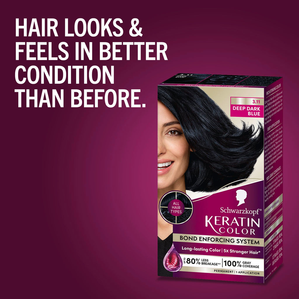Schwarzkopf Keratin Color Permanent Hair Color, 2.6 Rich Soft Black, 1 Application - Salon Inspired Permanent Hair Dye, for up to 80% Less Breakage vs Untreated Hair and up to 100% Gray Coverage