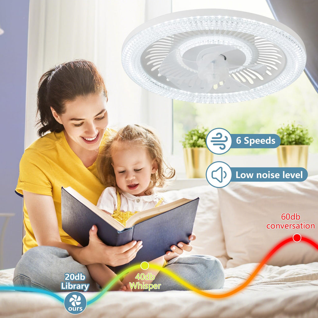 Ceiling Fan with Lights and Remote,20'' Low Profile Ceiling Fans with Lights, Fandelier Ceiling Fan Light,DC Quiet Motor,3000K-6500K Dimmable,Modern Flush Mount Ceiling Fan for Bedroom,White