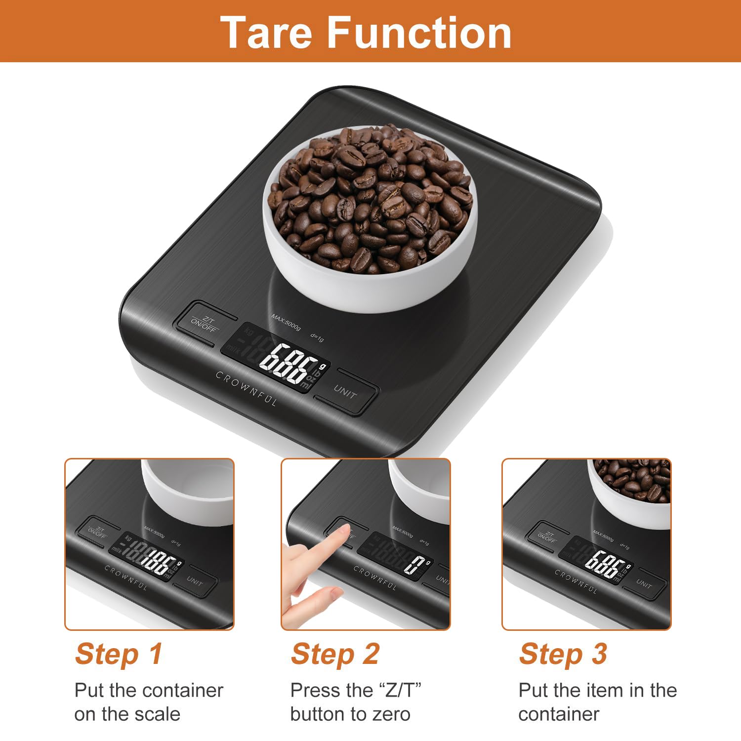 CROWNFUL Food Scale, 11lb Digital Kitchen Scales Weight Ounces and Grams for Cooking and Baking, 6 Units with Tare Function (Battery Included)