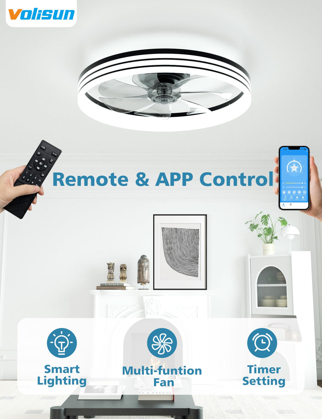 VOLISUN Low Profile Ceiling Fans with Lights and Remote, 20in Flush Mount Ceiling Fan with Light, 3000K-6500K Dimmable Fandelier LED Fan Light, Black Bladeless Ceiling Fans with Lights for Bedroom