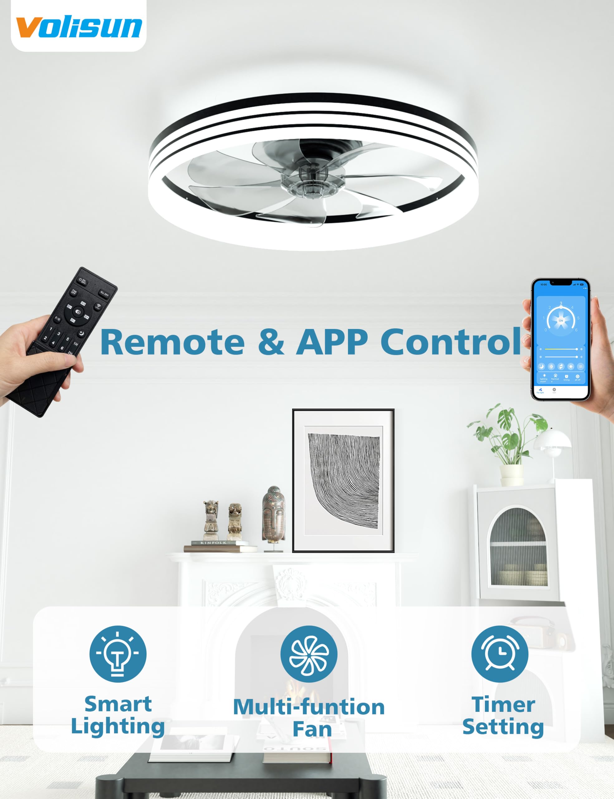 VOLISUN Low Profile Ceiling Fans with Lights and Remote, 20in Flush Mount Ceiling Fan with Light, 3000K-6500K Dimmable Fandelier LED Fan Light, Black Bladeless Ceiling Fans with Lights for Bedroom