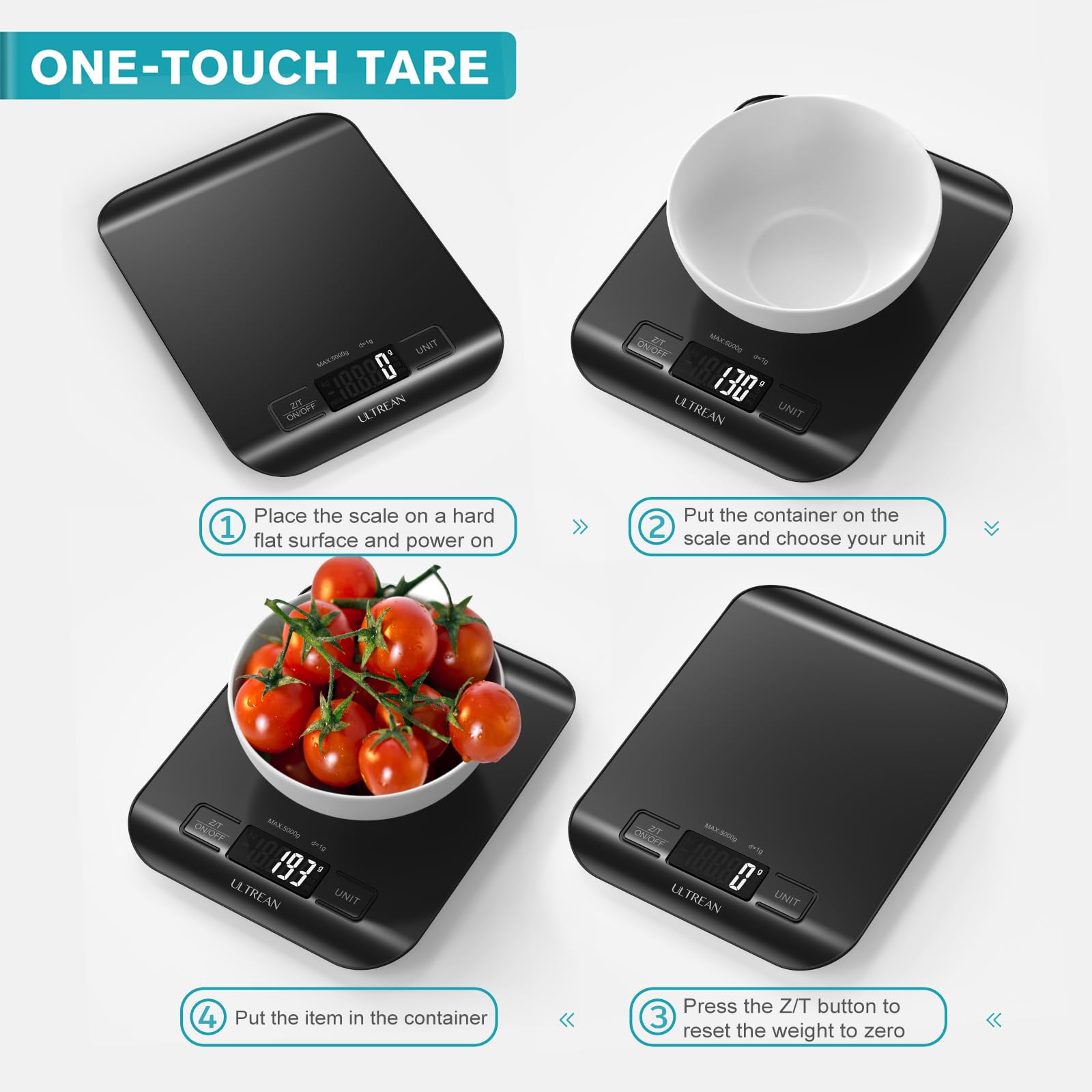 Ultrean Food Scale, Digital Kitchen Scale Weight Grams and Ounces for Baking and Cooking, 6 Units with Tare Function, 11lb (Batteries Included) (Black)