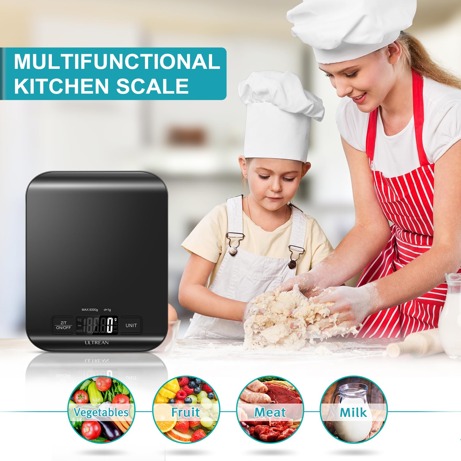 Ultrean Food Scale, Digital Kitchen Scale Weight Grams and Ounces for Baking and Cooking, 6 Units with Tare Function, 11lb (Batteries Included) (Black)