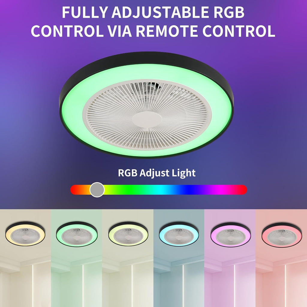 RGB Ceiling Fan with Lights, Bladeless Fans, 48cm/18.89inch Enclosed Lights Fixtures Low Profile Flush Mount Fans Reversible 6 Wind Speeds Dimmable Remote Control Bedroom Timing, (Black)