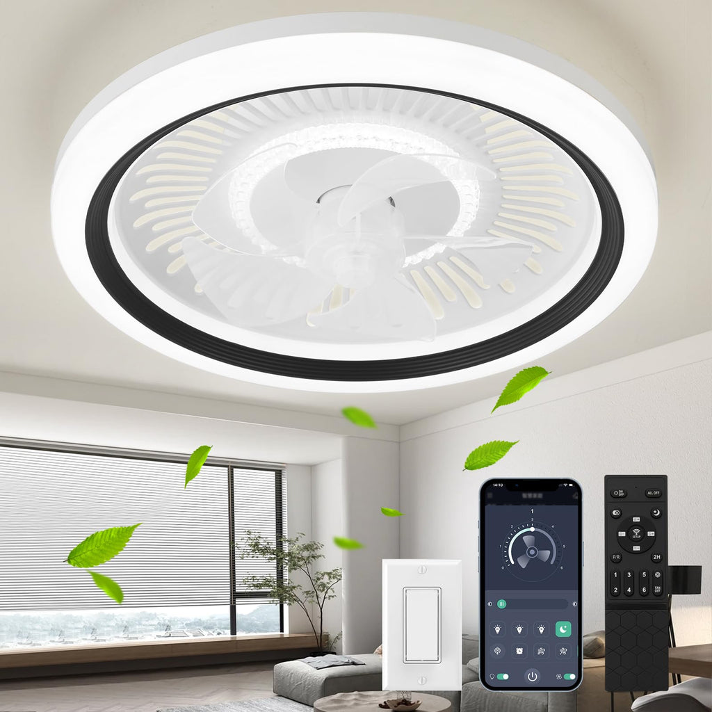 Ceiling Fan with Lights and Remote,20'' Low Profile Ceiling Fans with Lights, Fandelier Ceiling Fan Light,DC Quiet Motor,3000K-6500K Dimmable,Modern Flush Mount Ceiling Fan for Bedroom,White