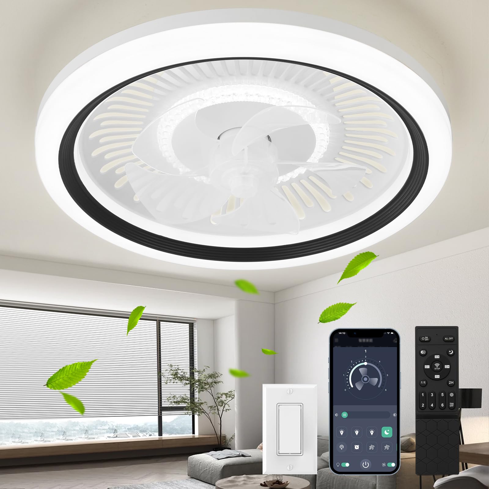 Ceiling Fan with Lights and Remote,20'' Low Profile Ceiling Fans with Lights, Fandelier Ceiling Fan Light,DC Quiet Motor,3000K-6500K Dimmable,Modern Flush Mount Ceiling Fan for Bedroom,White
