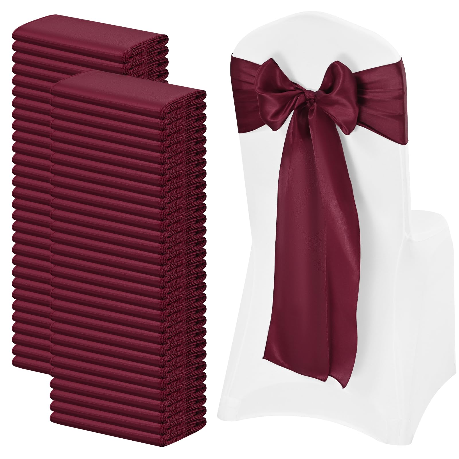 100 PCS Satin Chair Sashes Red Bows Sashes for Chair Covers, Washable Reusable Chair Cover Back Tie Supplies for Wedding Reception Events Banquets Home Kitchen Decoration (7 x 108 inch)