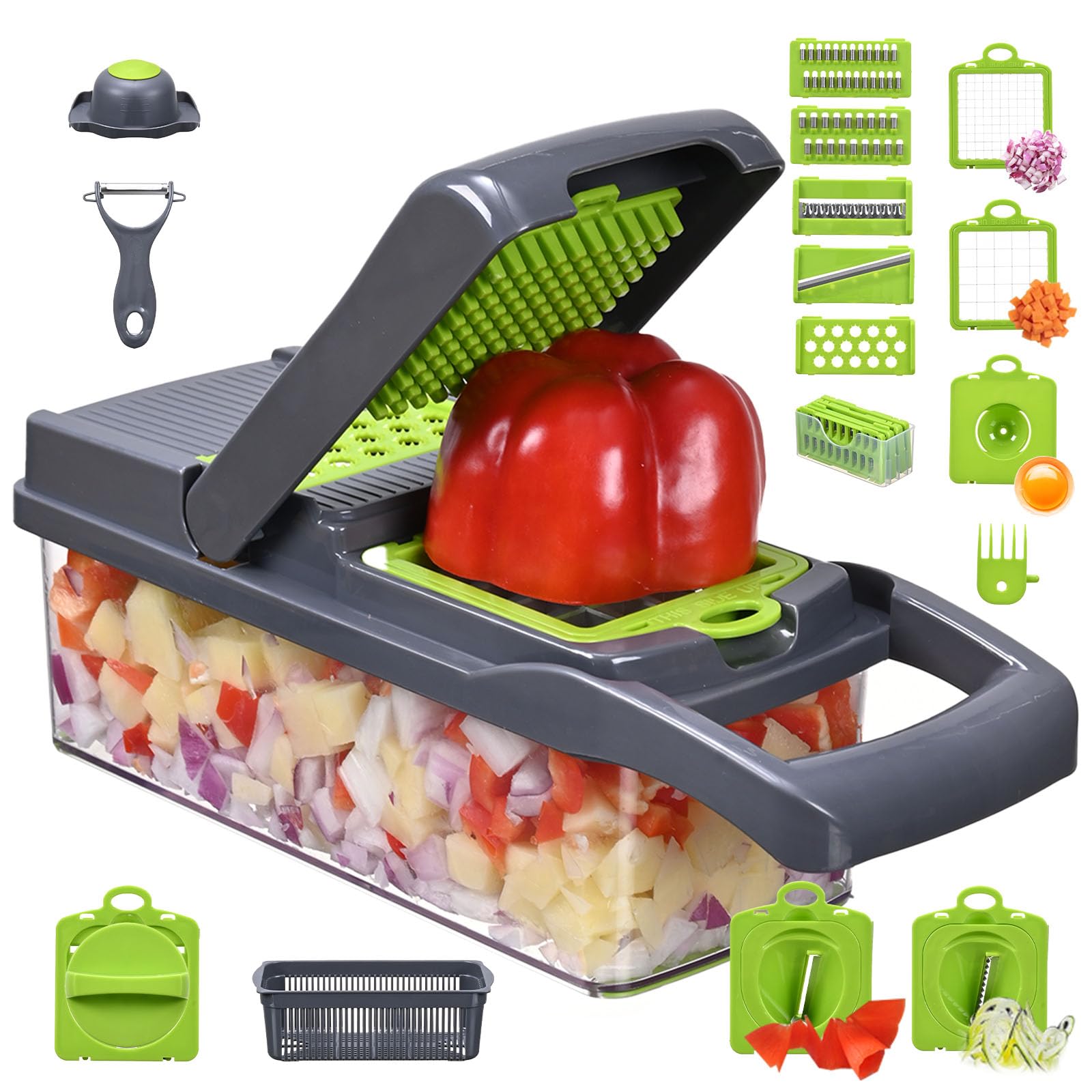 Veggie Slicer Chopper Dicer and Cutter Multifunctional 17-in-1 Vegetable Mandoline Chopper with Container, 11 Interchangable Blades, Drain Strainer, Cleaning Brush, Hand Protector (White)