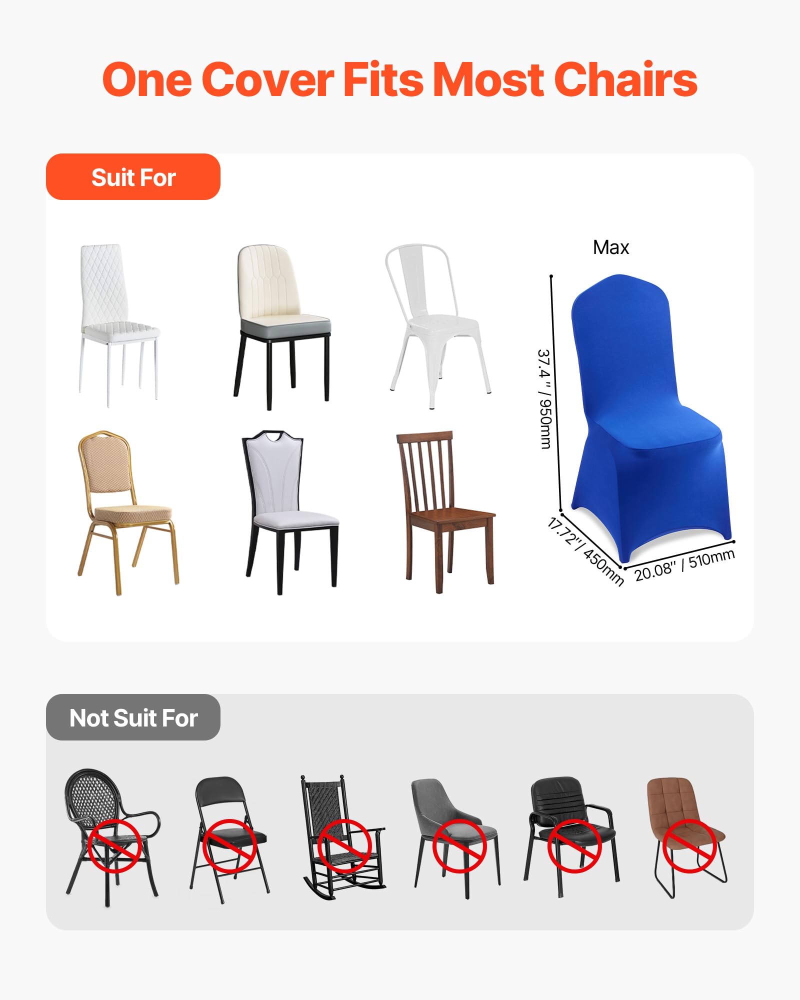 VEVOR 50 Pcs Navy Blue Chair Covers, Polyester Spandex Chair Cover, Stretch Slipcovers for Wedding Party Dining Banquet Flat-Front Chair Covers, Fits Chair Measures up to 20.08 x 17.72 x 37.4 inch