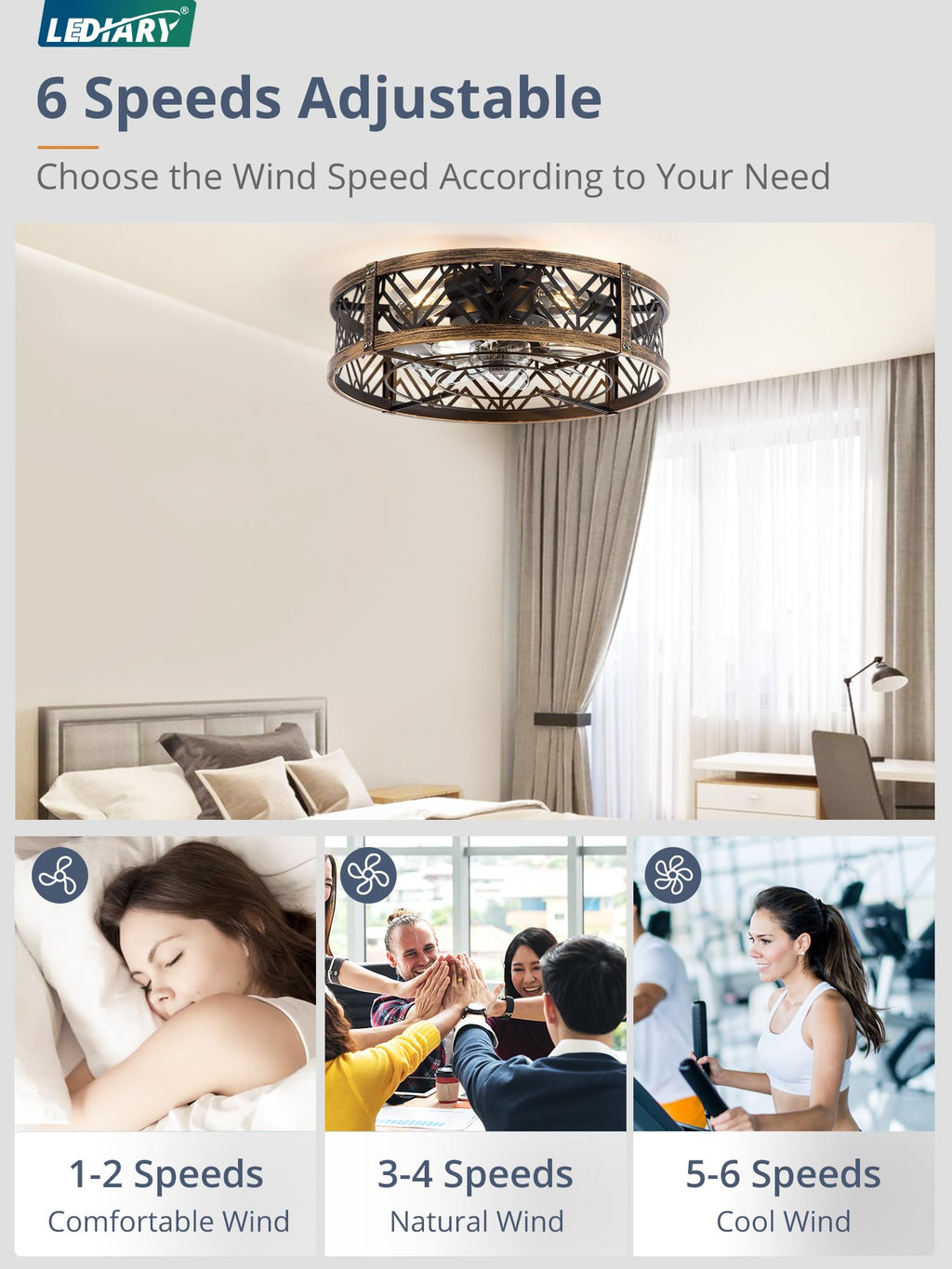 LEDIARY 20" Caged Ceiling Fan with Light, Small Flush Mount Ceiling Fan with App&Remote, Low Profile Bladeless Ceiling Fan for Bedroom, Kitchen, Dining Room-Black