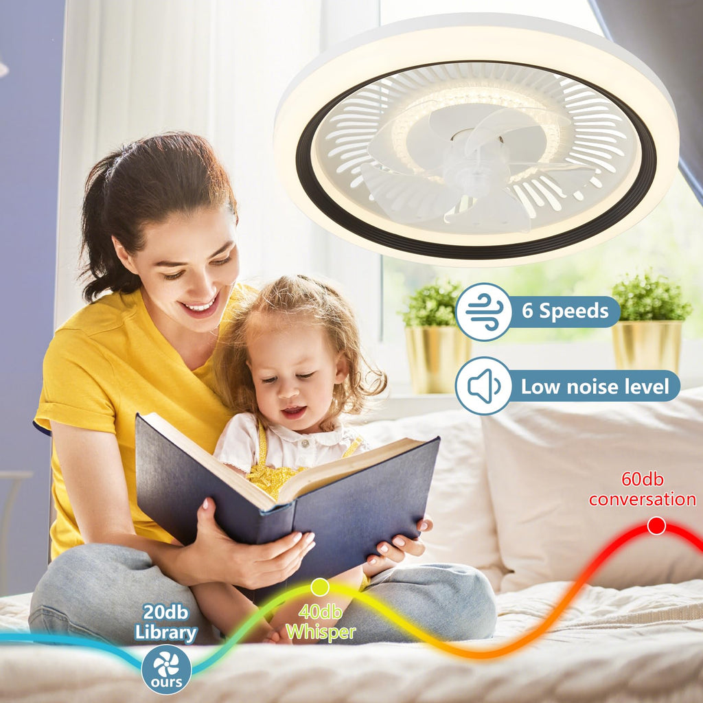 Ceiling Fan with Lights and Remote,20'' Low Profile Ceiling Fans with Lights, Fandelier Ceiling Fan Light,DC Quiet Motor,3000K-6500K Dimmable,Modern Flush Mount Ceiling Fan for Bedroom,White