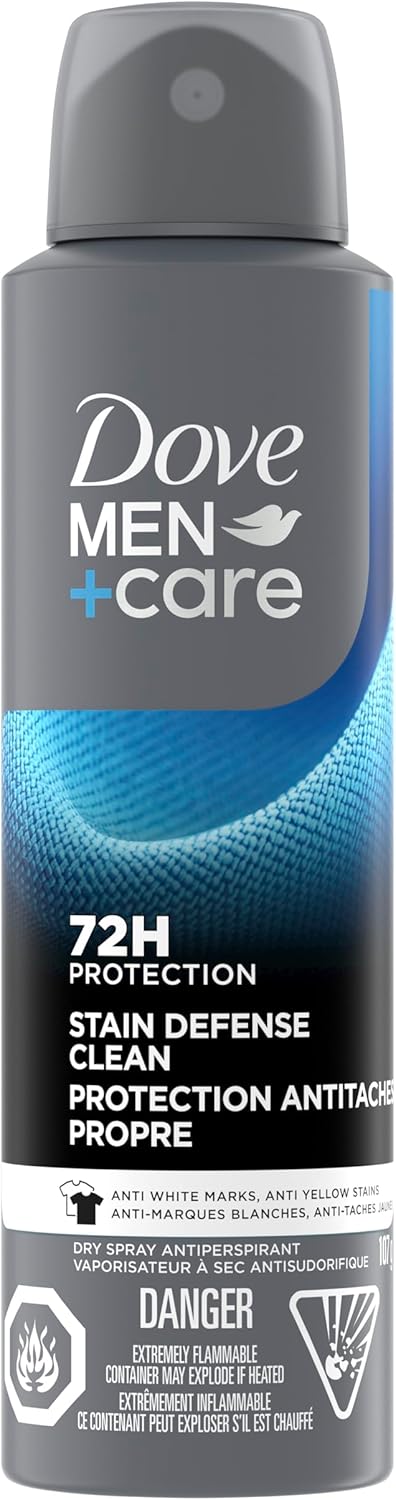 Dove Men+Care Antiperspirant Deodorant Dry Spray For Men Anti-White Marks & Yellow Stains, 72-hour Sweat and Odour Protection Stain Defense Clean with Triple Defense Technology, 107g