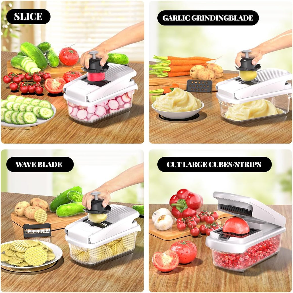 Vegetable Chopper with Container, 13-in-1 Mandoline Slicer Dicer & Spiralizer, Onion Veggie Chopper, Potato Fry Cutter, Manual Food Chopper, Kitchen Tools Gadgets