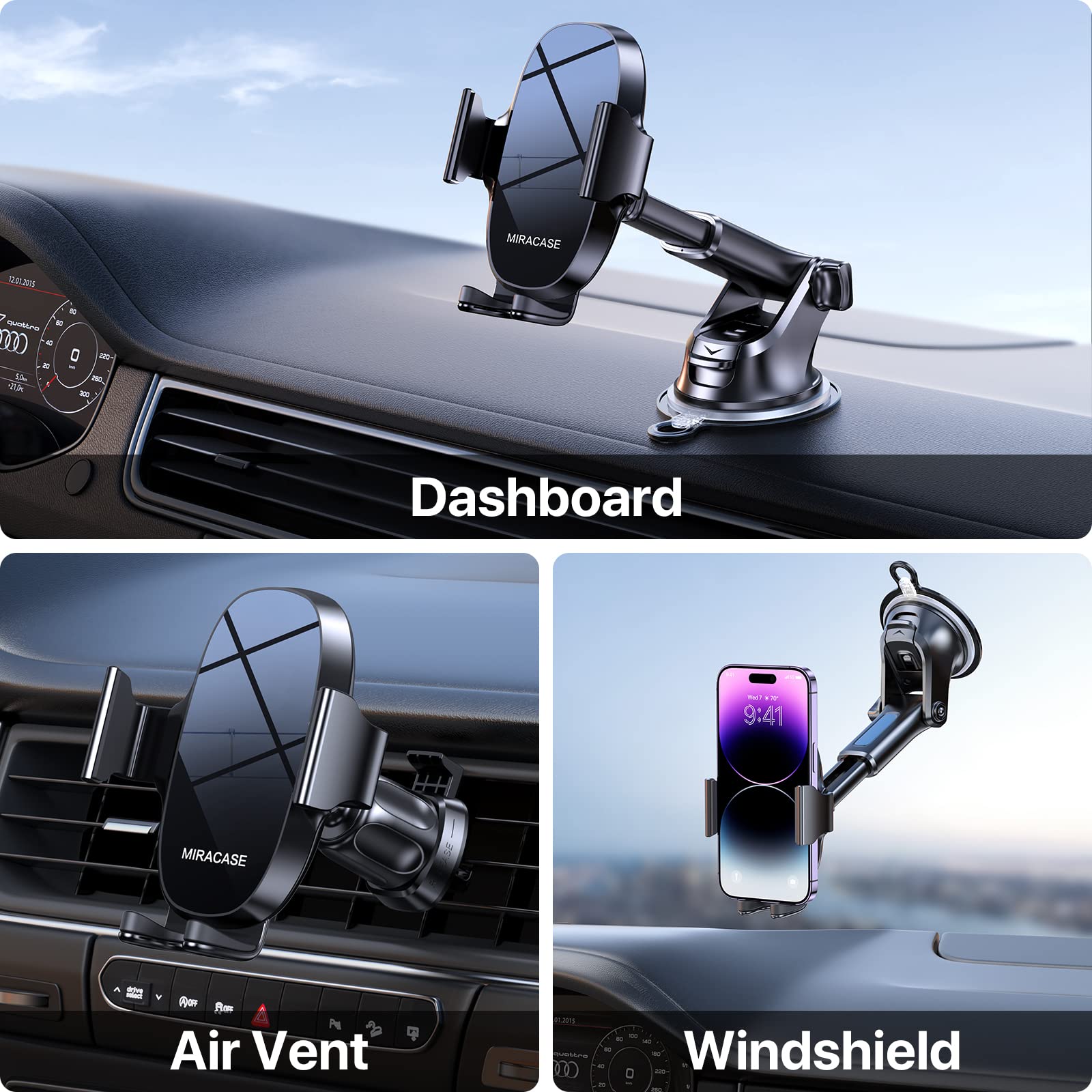 Miracase Car Phone Mount, [Upgraded Strong Military Grade Suction Cup] Long Arm Phone Holder for Car Dashboard Windshield Vent, Hands Free Cell Phone Holder Compatible with All Mobile Phones