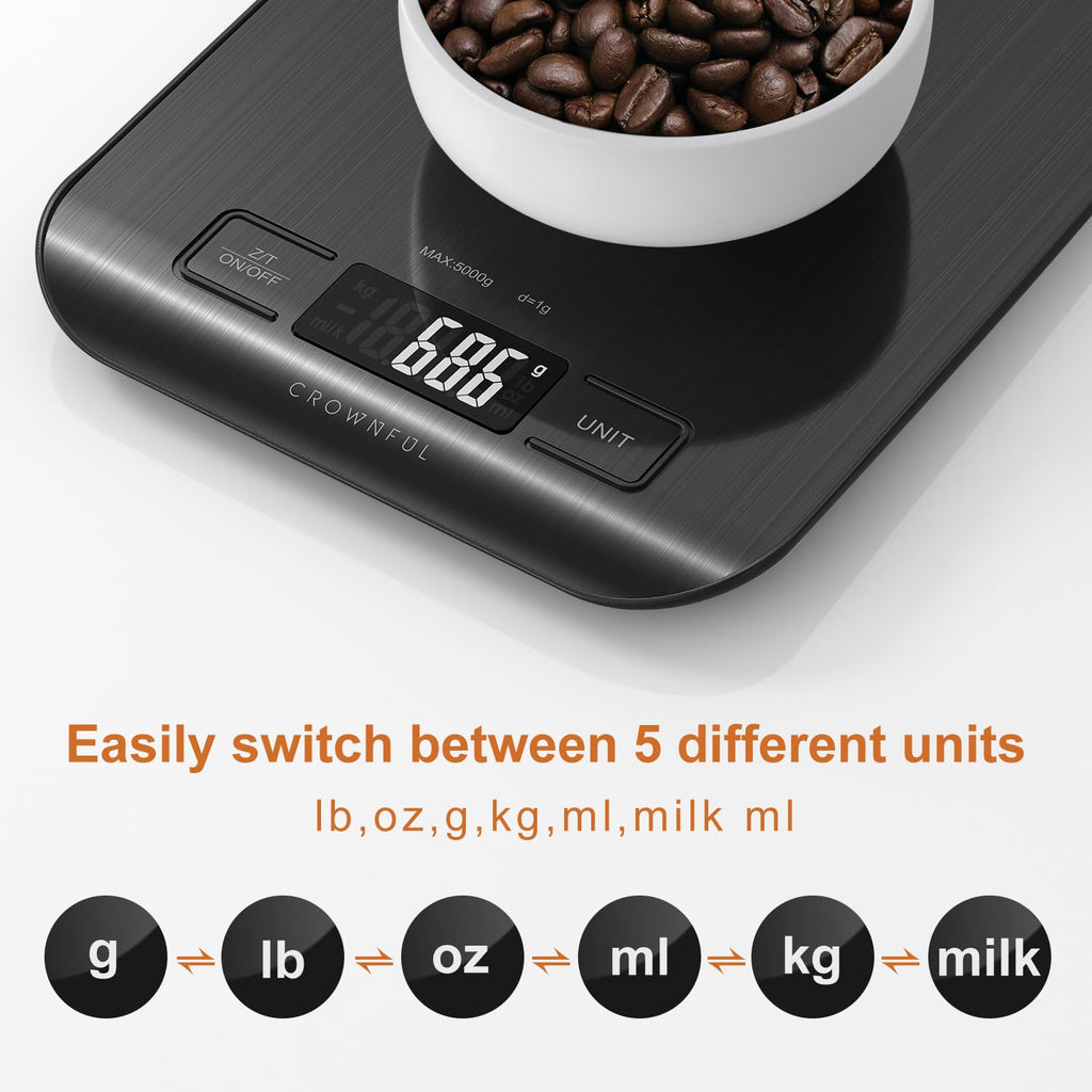 CROWNFUL Food Scale, 11lb Digital Kitchen Scales Weight Ounces and Grams for Cooking and Baking, 6 Units with Tare Function (Battery Included)