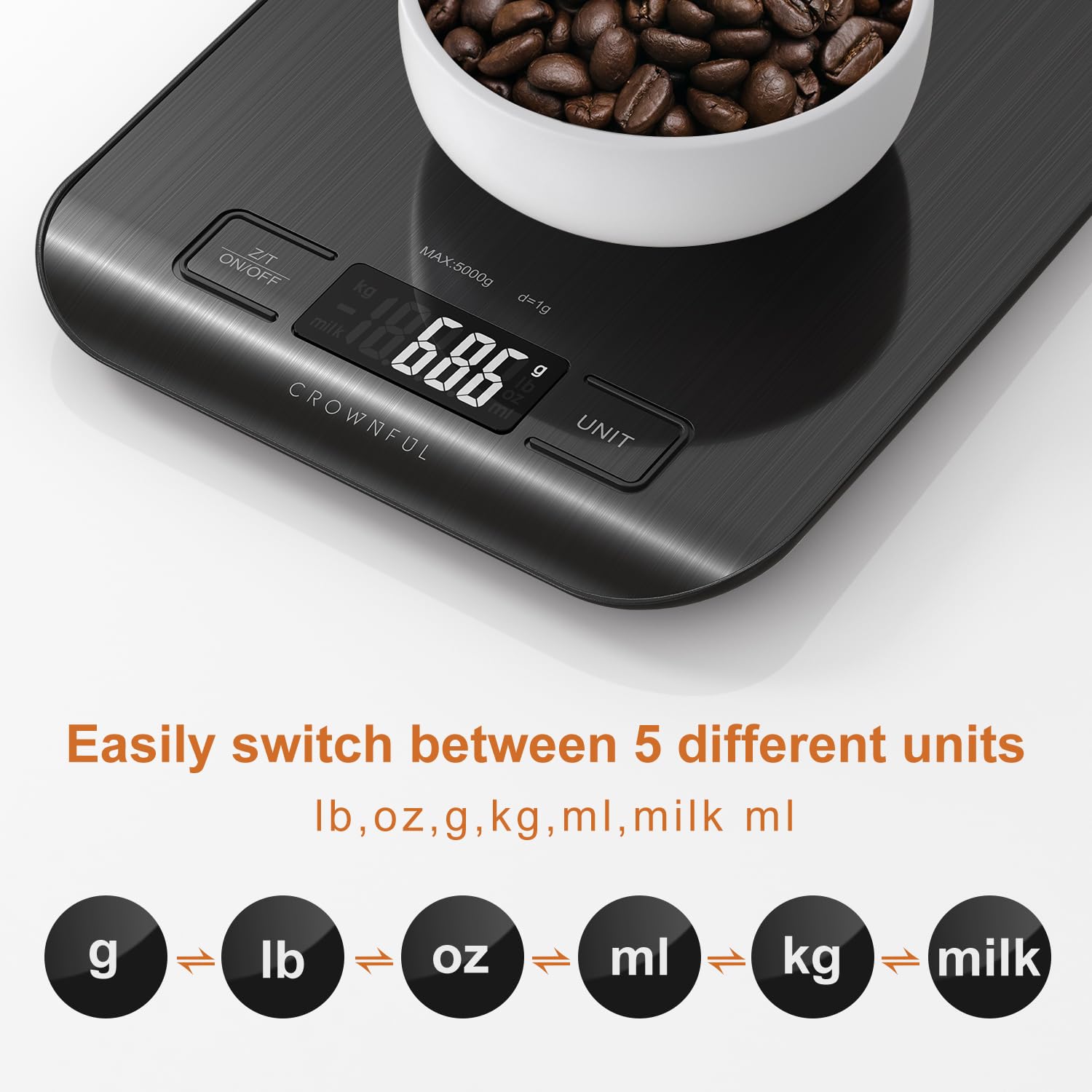CROWNFUL Food Scale, 11lb Digital Kitchen Scales Weight Ounces and Grams for Cooking and Baking, 6 Units with Tare Function (Battery Included)