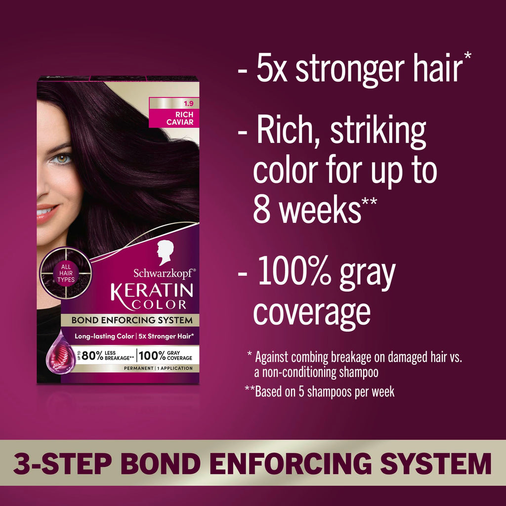 Schwarzkopf Keratin Color Permanent Hair Color, 2.6 Rich Soft Black, 1 Application - Salon Inspired Permanent Hair Dye, for up to 80% Less Breakage vs Untreated Hair and up to 100% Gray Coverage