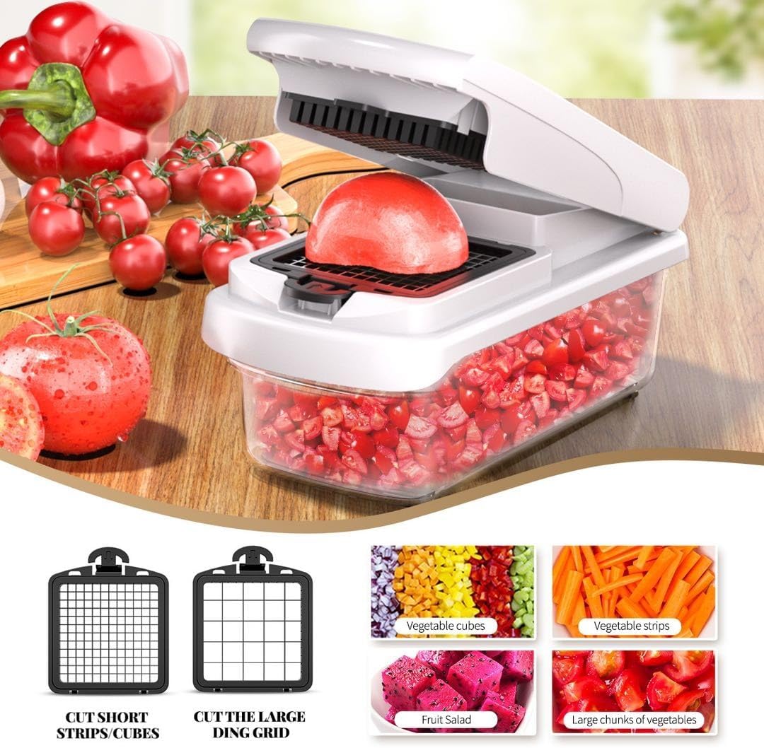 Vegetable Chopper with Container, 13-in-1 Mandoline Slicer Dicer & Spiralizer, Onion Veggie Chopper, Potato Fry Cutter, Manual Food Chopper, Kitchen Tools Gadgets