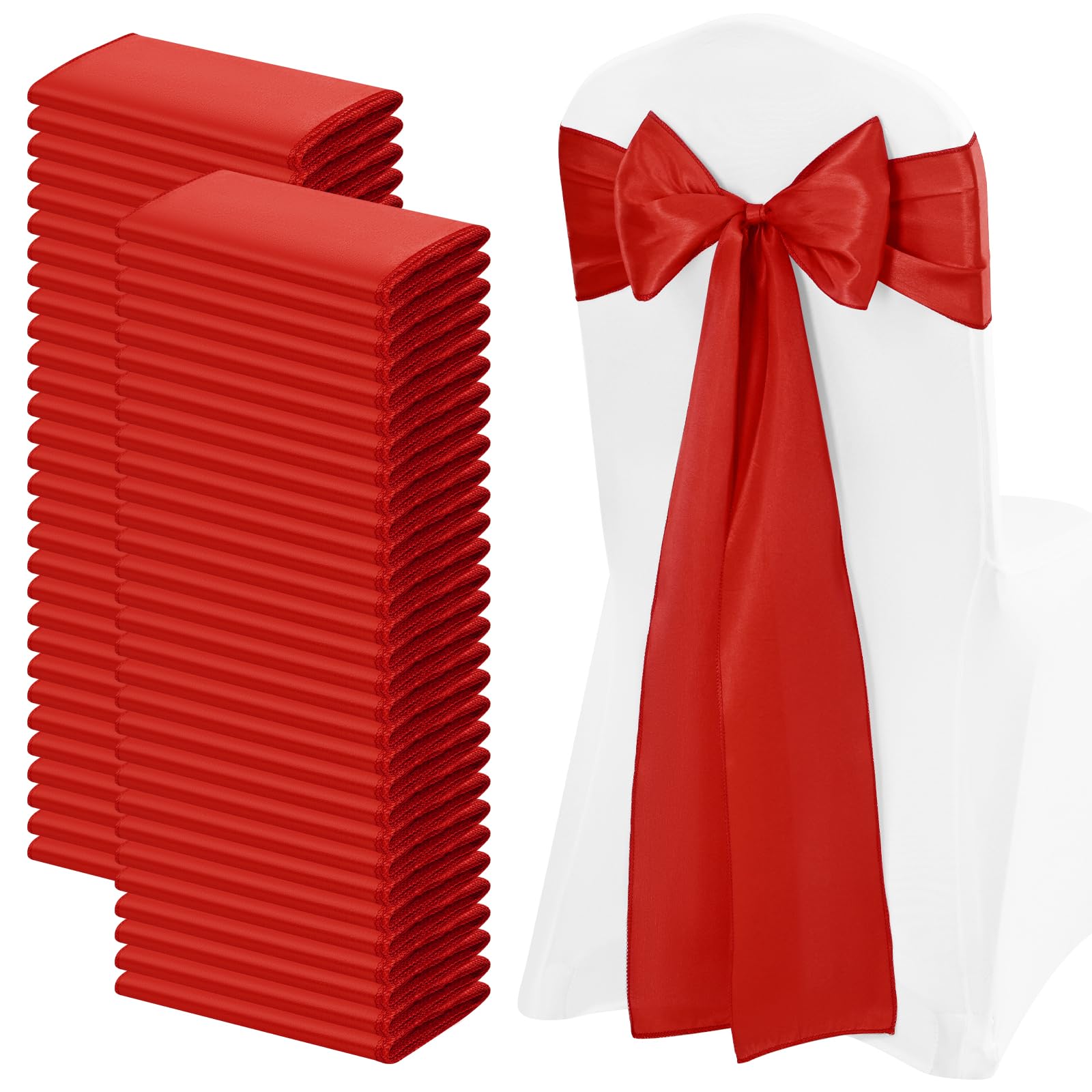 100 PCS Satin Chair Sashes Red Bows Sashes for Chair Covers, Washable Reusable Chair Cover Back Tie Supplies for Wedding Reception Events Banquets Home Kitchen Decoration (7 x 108 inch)