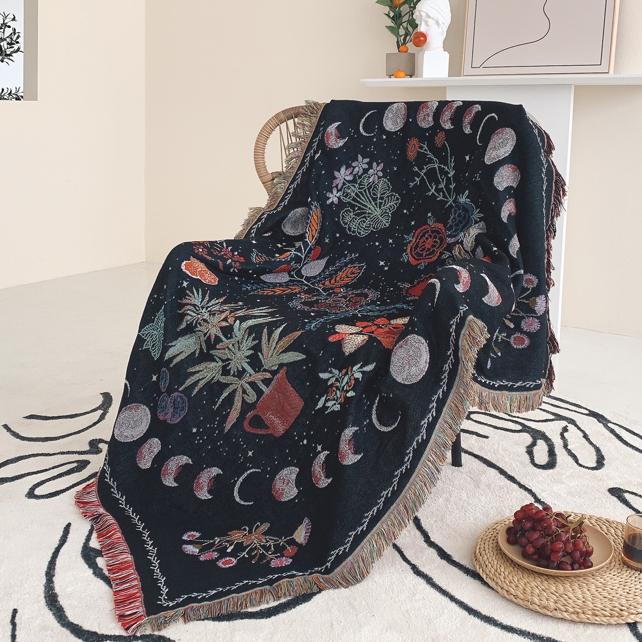 1PC Moon Phase Woven Double Sided Multipurpose Blanket Bohemian Hippie Room Decoration Abstract Geometry Blanket Tassel Woven Blanket Sofa Blanket Outdoor Hiking Backpacking Beach Travel Decorative Blanket Woven Picnic Throw