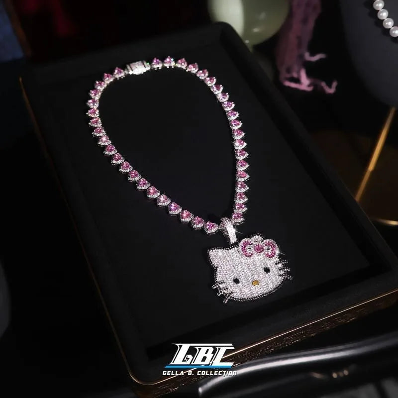 Kawaii Sanrios HelloKitty New Necklace Full Drill Pendant Collarbone Chain for Women Sparkling Crystal Birthday Valentine Gift