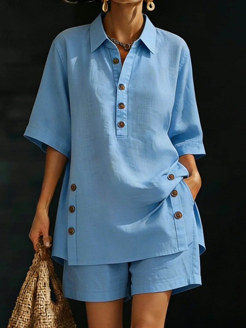 Womens Short-Sleeve Shirt And Loose Pants Two-Piece Set