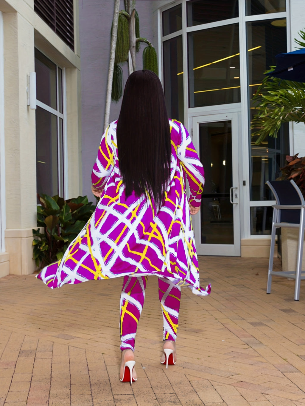 Casual Graphic Print Two-piece Set, Open Front Coat & Skinny Pants Outfits, Women's Clothing
