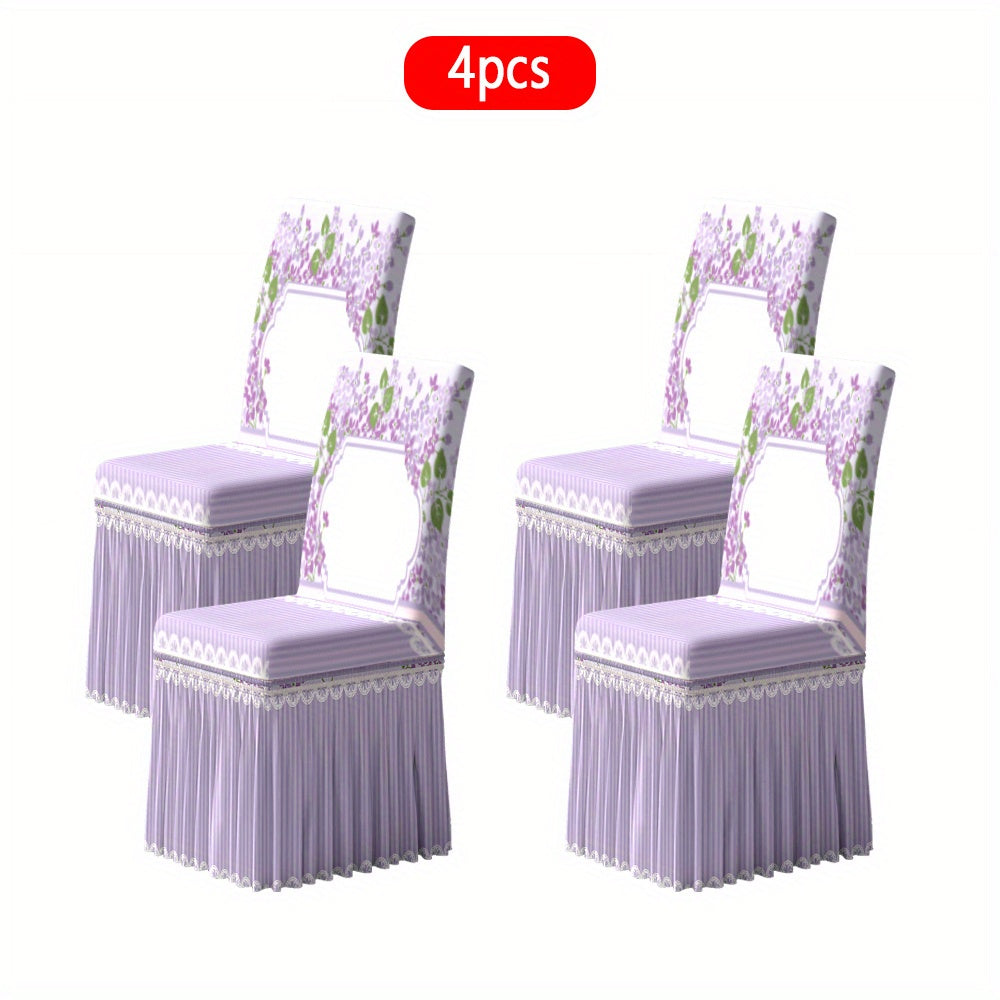2/4/6pcs Chair Covers with Skirt, Fresh, Elegant, Romantic Floral Decoration, Card Template, Elegant Border. Suitable for Hotels, Weddings, and Events. Machine-washable Red Fabric Protective Covers, for Home and Banquet Use.