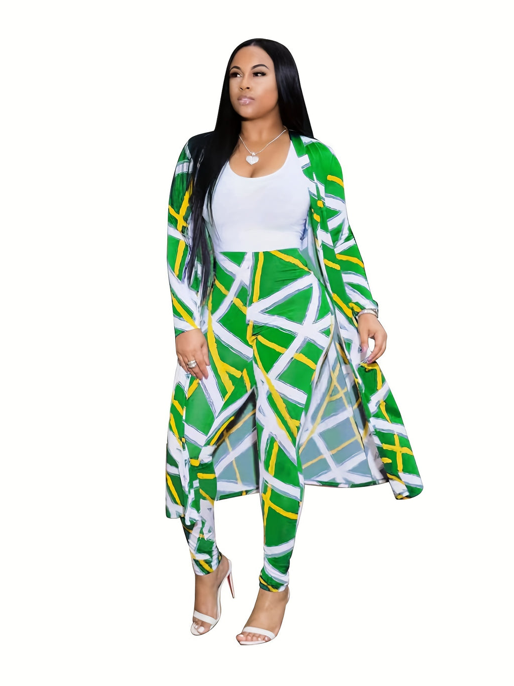 Casual Graphic Print Two-piece Set, Open Front Coat & Skinny Pants Outfits, Women's Clothing