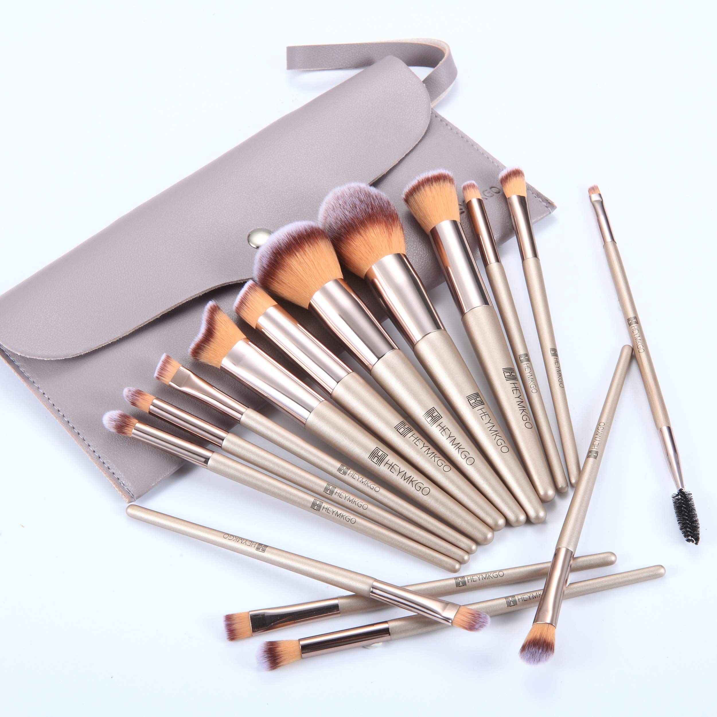 Makeup Brushes Set, HEYMKGO Portable Makeup Brush Set Professional Champagne Gold Premium Synthetic Foundation Brush Powder Concealers Eye Shadows Blush with Cosmetic Bag 10PCS Common Types