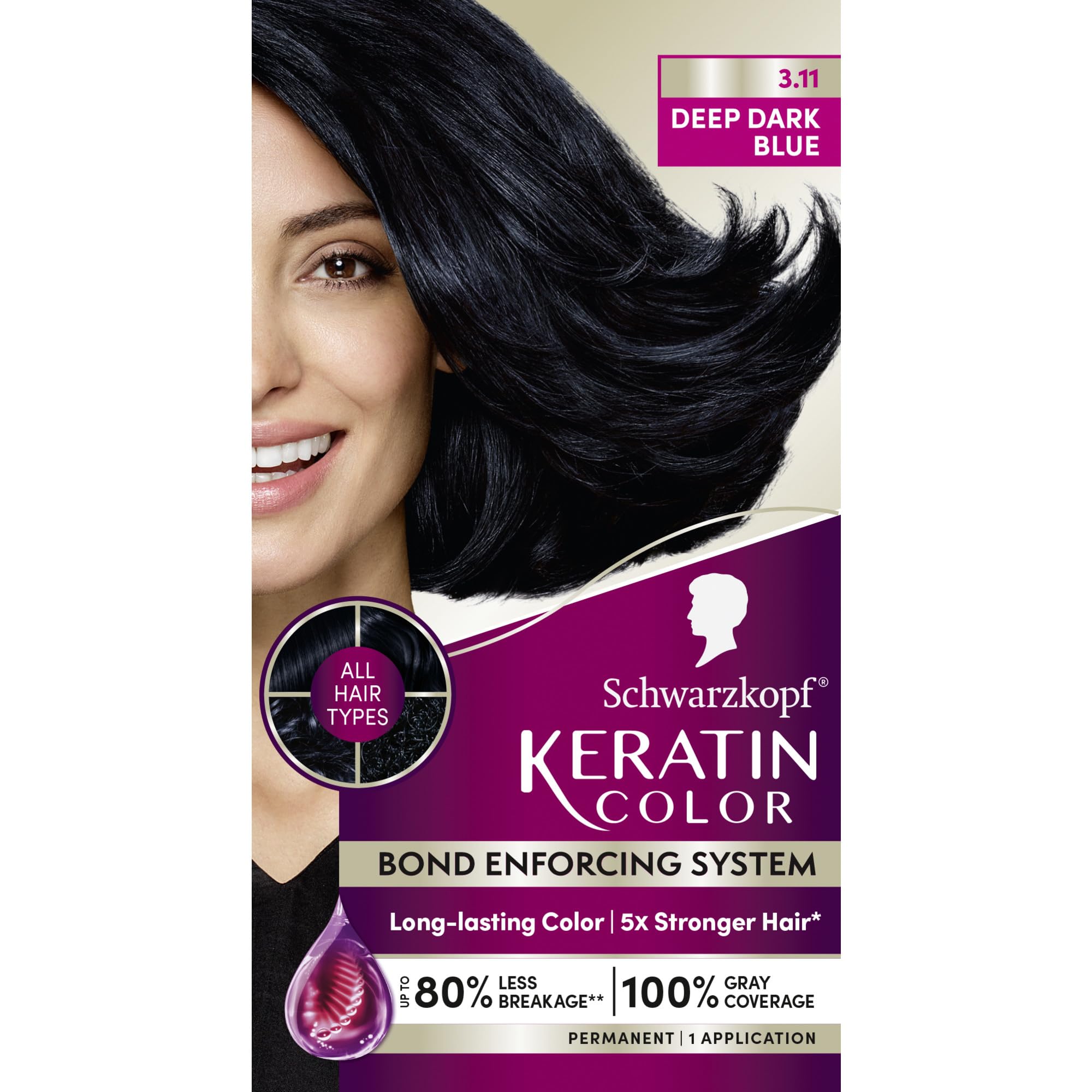 Schwarzkopf Keratin Color Permanent Hair Color, 2.6 Rich Soft Black, 1 Application - Salon Inspired Permanent Hair Dye, for up to 80% Less Breakage vs Untreated Hair and up to 100% Gray Coverage