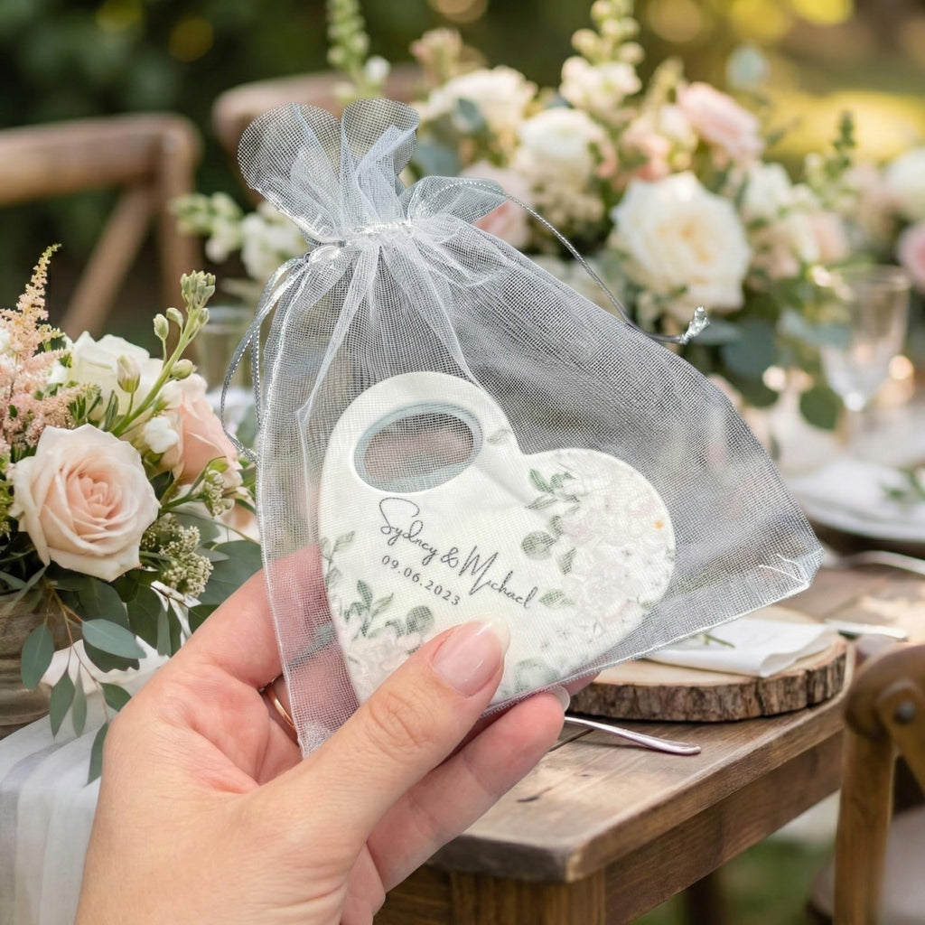 Custom Heart-Shaped Magnet Bottle Opener – Wedding Favor with Thank You Card, Personalized Gift for Guests, Bridal Shower Souvenir with Gift Bag (Pack of 30) (Bottle Opener + Gift Bag)