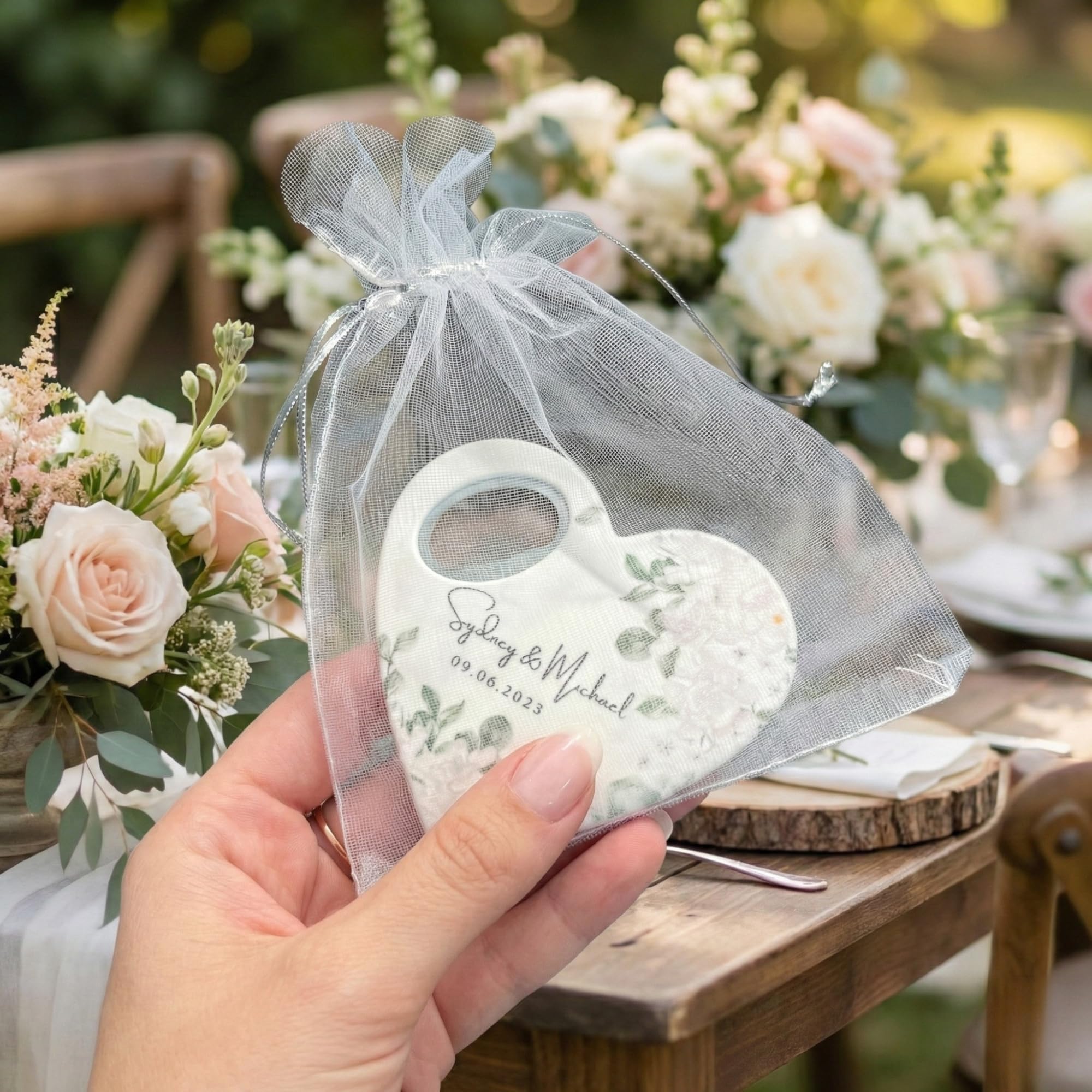 Custom Heart-Shaped Magnet Bottle Opener – Wedding Favor with Thank You Card, Personalized Gift for Guests, Bridal Shower Souvenir with Gift Bag (Pack of 30) (Bottle Opener + Gift Bag)