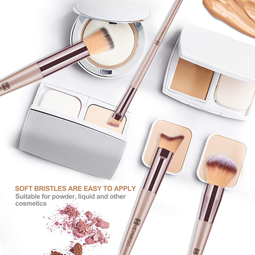 Makeup Brushes Set, HEYMKGO Portable Makeup Brush Set Professional Champagne Gold Premium Synthetic Foundation Brush Powder Concealers Eye Shadows Blush with Cosmetic Bag 10PCS Common Types