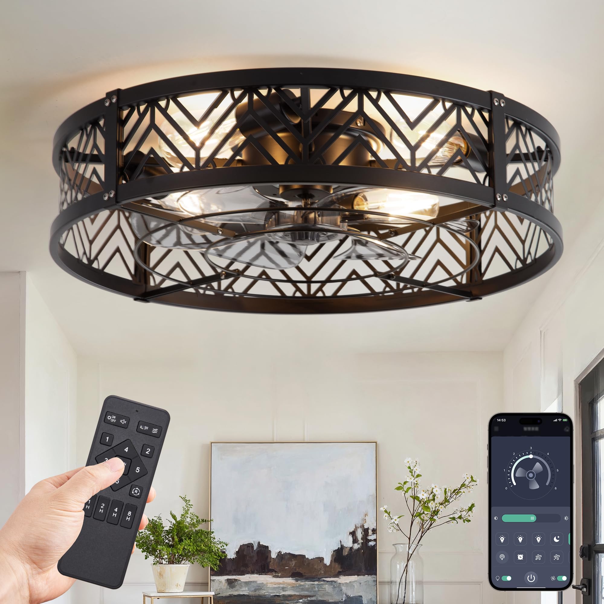 LEDIARY 20" Caged Ceiling Fan with Light, Small Flush Mount Ceiling Fan with App&Remote, Low Profile Bladeless Ceiling Fan for Bedroom, Kitchen, Dining Room-Black