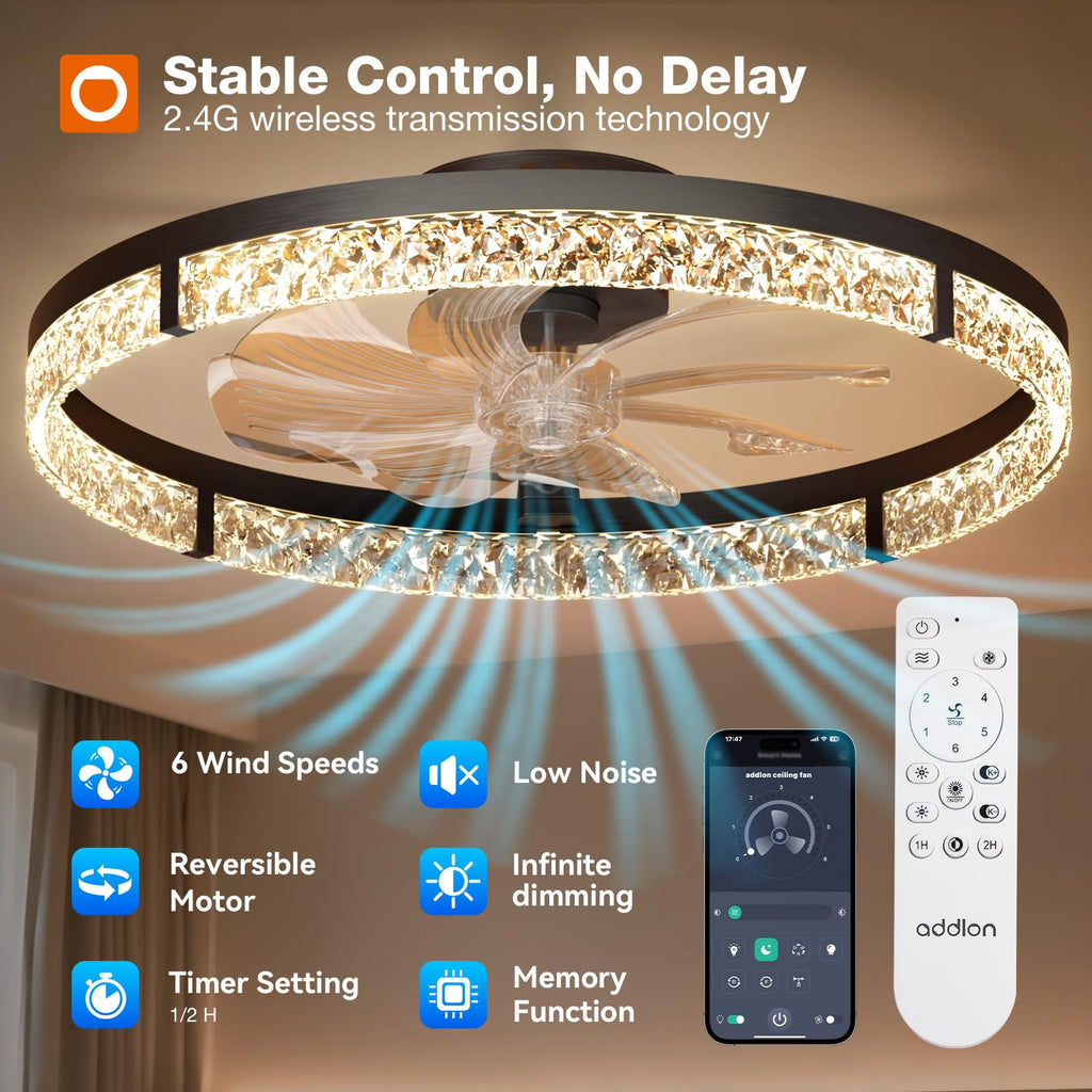 addlon Ceiling Fans with Lights and Remote, 24'' Low Profile Ceiling Fans, 3000-6000K Dimmable Modern Flush Mount LED Fan Light, Fandelier Ceiling Fan for Bedroom, Kitchen, Living Room, Office, Black